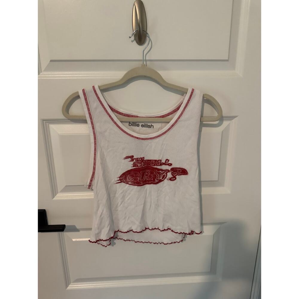 Billie Eilish Cropped Ribbed Tank Top - Red Contrast Stitching & Graphic Print